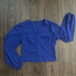 SHEIN Button-Front Bishop Sleeve Blouse Size 6 Royal Blue